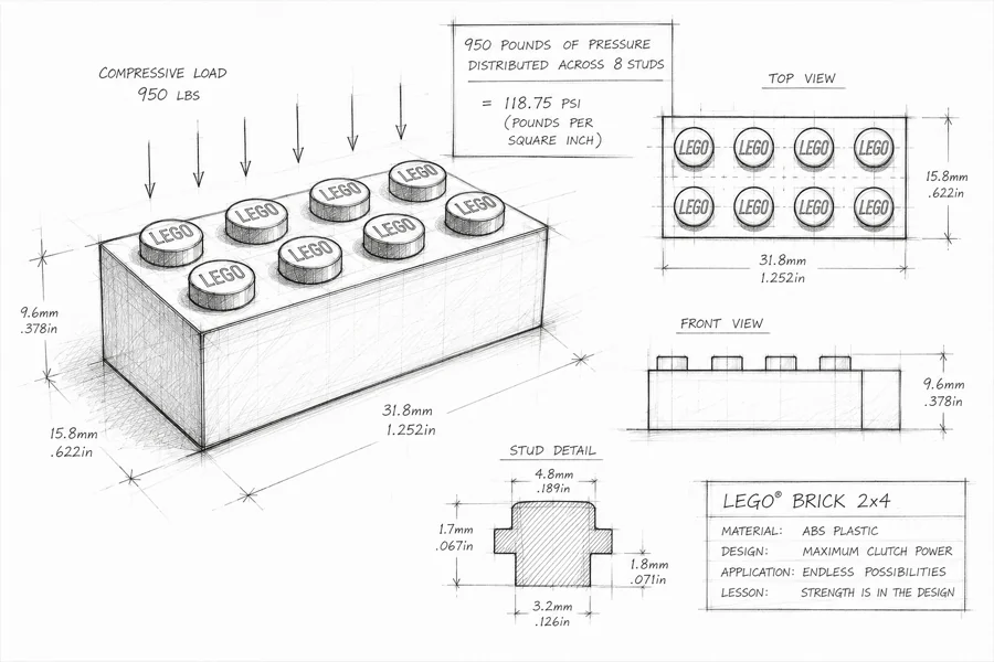 Technical sketch of a LEGO 2x4 brick showing compressive load measurements and the note: strength is in the design