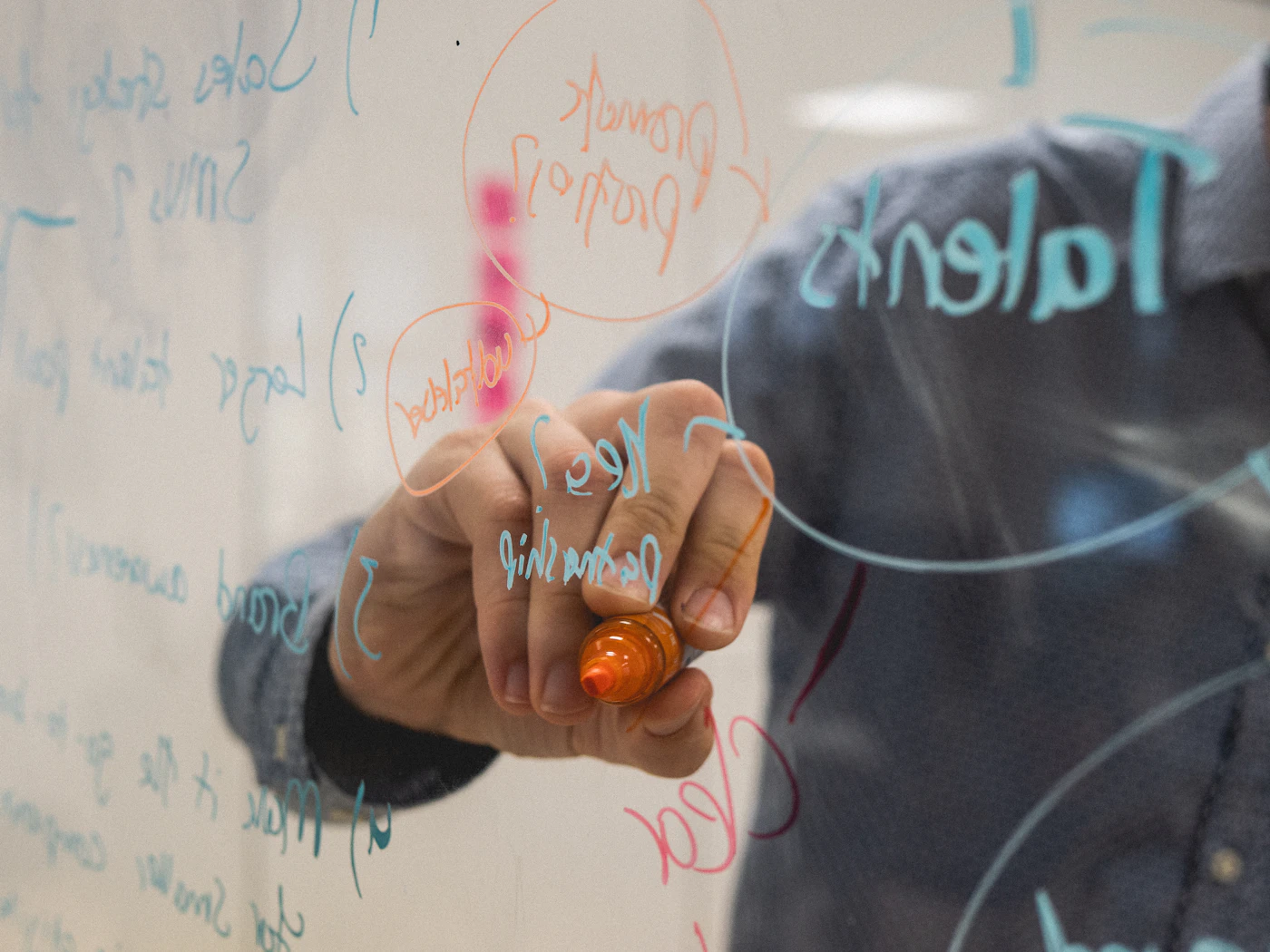 Hand drawing a planning diagram on a glass whiteboard covered in notes